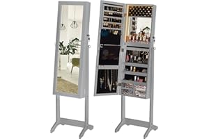 LUXFURNI LED Mirror Jewelry Cabinet Armoire, Freestanding Jewelry Storage Organizer with Full Length Mirror, Large Jewelry Storage Mirror, Built-in Lighted Mirror, Lockable, Grey