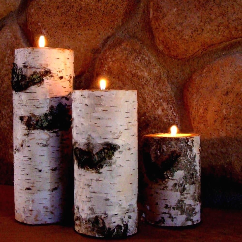 Real Birch Log Tea-Light Candleholder Set (3) (Candles Included) Clear Sealed Tops to Protect The Wood & Felt Covered Bottom to Protect Your Furniture.: Kitchen & Dining