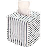 Fabric Tissue Box Cover, Tissue Holder Slipcover, Slips Over Square Cube Cardboard Facial Tissue Boxes -Decorative Blue Bathroom Decor Ticking Stripe, Cotton, Lined