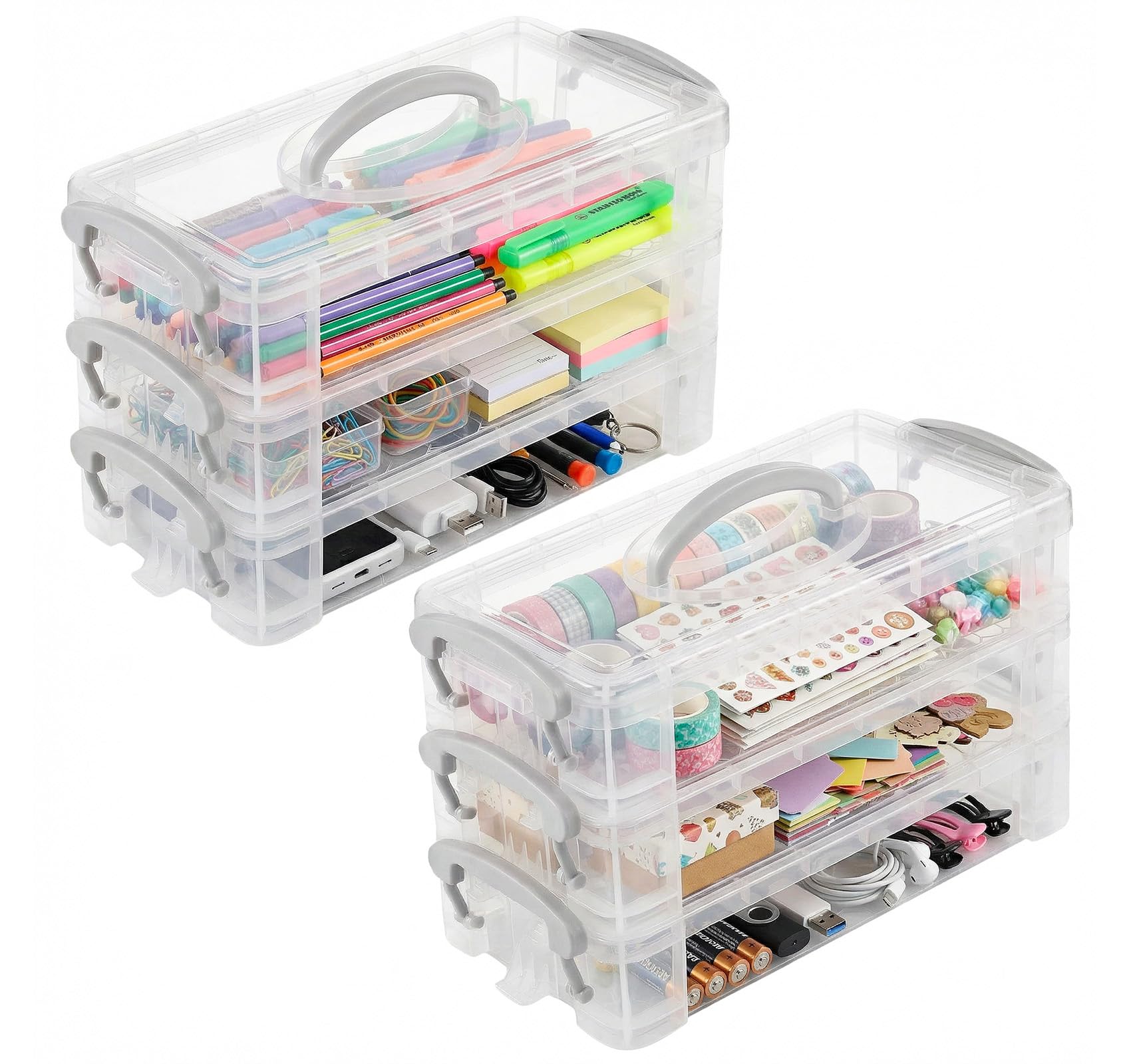 Anstore Storage Box with Handles, 2 x 3 Tier Clear Plastic Storage Box with Lid, Portable Pencil Case, Pen Drawing Tools Container Lid