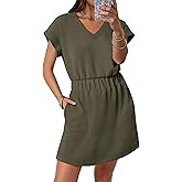 ANRABESS Womens Summer Dresses Casual V Neck Short Sleeve Elastic Waist Mini Tshirt Dress Beach Vacation Sundress with Pocket