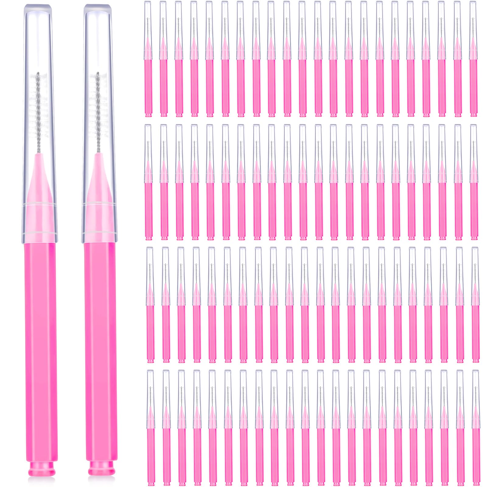 Photo 1 of Patelai 100 Pieces Braces Brush for Cleaner Interdental Brush Toothpick Dental Tooth Flossing Head Oral Dental Hygiene Flosser Toothpick Cleaners Tooth Cleaning Tool(Pink,Portable Size)
