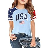 CAZYCHILD Girls 4th of July USA Shirt American Flag Patriotic T-Shirt Independence Day Outfit for Kids 5-14Years