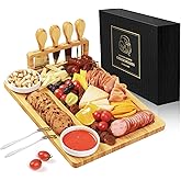 Bamboo charcuterie boards Gift Set - Serving Meat Cheese Board, Charcuterie Board Set with 4 Stainless Steel Cheese Knife, Ideal for House Warming Gifts New Home, Christmas, Bridal Shower Gift