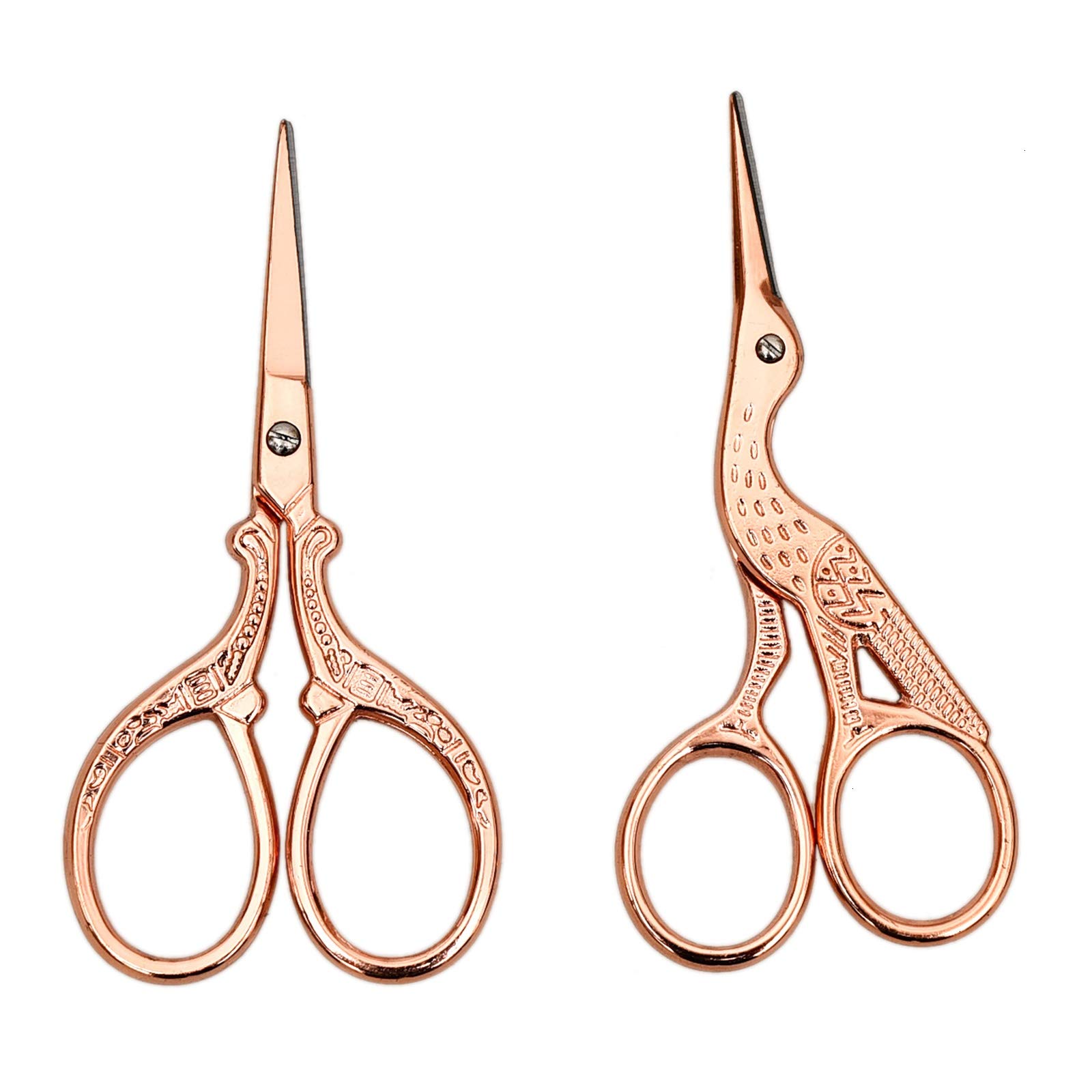AQUEENLY Embroidery Scissors, Stainless Steel Sharp Stork Scissors for Sewing Crafting, Art Work, Threading, Needlework - DIY Tools Dressmaker Small Shears - 2 Pcs (3.6 Inches, Rose Gold)