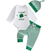 Mobbdow Newborn Baby Boy St Patricks Day Outfit Cutest Clover In the Patch Romper Striped Waffle Pants with Hat 3Pcs Sets