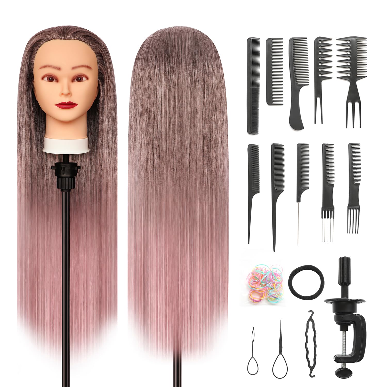 Styling Head 28 inch Hairdresser Training Head 100% Synthetic Fiber Hair Styling Head, Training Head Hairdressing Head with Free Clamp and DIY Braiding Set (Gradient Pink)