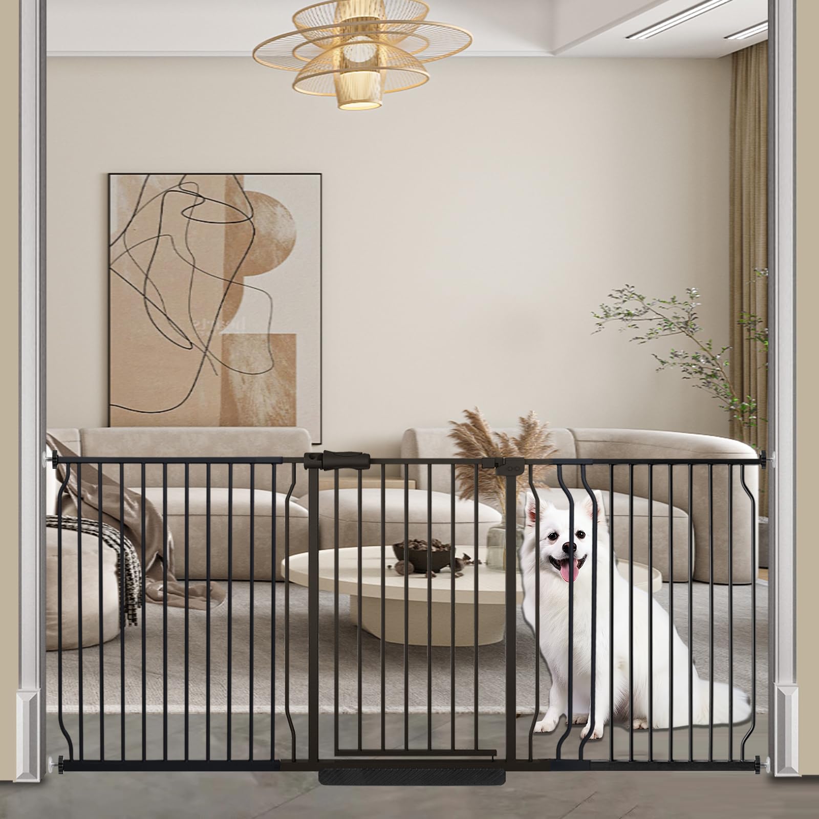 Photo 1 of COSEND Extra Wide Baby Dog Gates for Doorways Tension Indoor Safety Gates Black Metal Large Pressure Mounted Pet Gate Walk Through Dog Gate for The House Stairs (Black, 76.38"-86.3"/194-219CM)