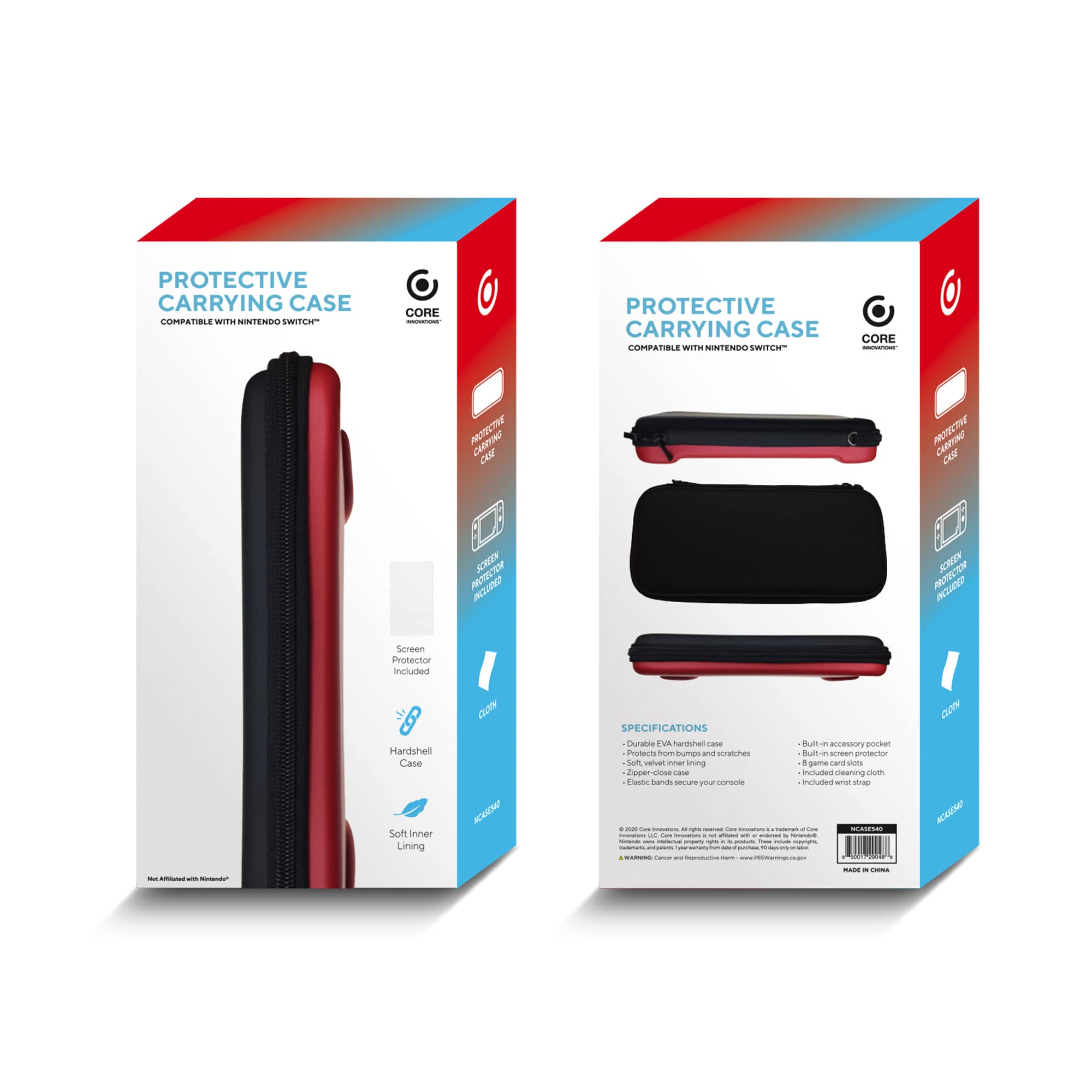 Core Innovations Protective Carrying Case Compatible With Nintendo Switch, Black; Red (NCASE540)