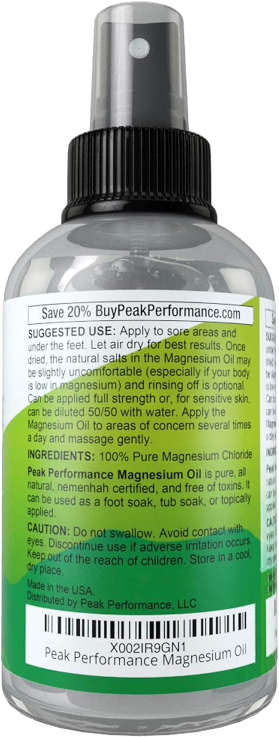 Pure Magnesium Oil Spray by Peak Performance. USA Sourced, USP Grade, Nemenhah Certified, Transdermal Magnesium Chloride Supplement for Topical Skin, Leg Cramps, Muscles Aches, Pain, Foot Tub Soak: Health & Personal Care