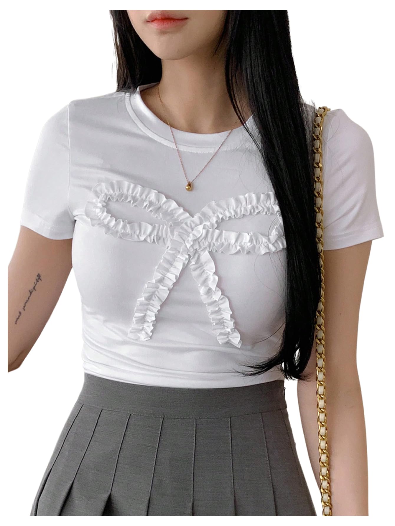 Photo 1 of **** POSSIBLY TEENS**** OYOANGLE Women's Bow Top Ruffle Trim Short Sleeve T Shirt Summer Crew Neck Crop Tops White X-Large