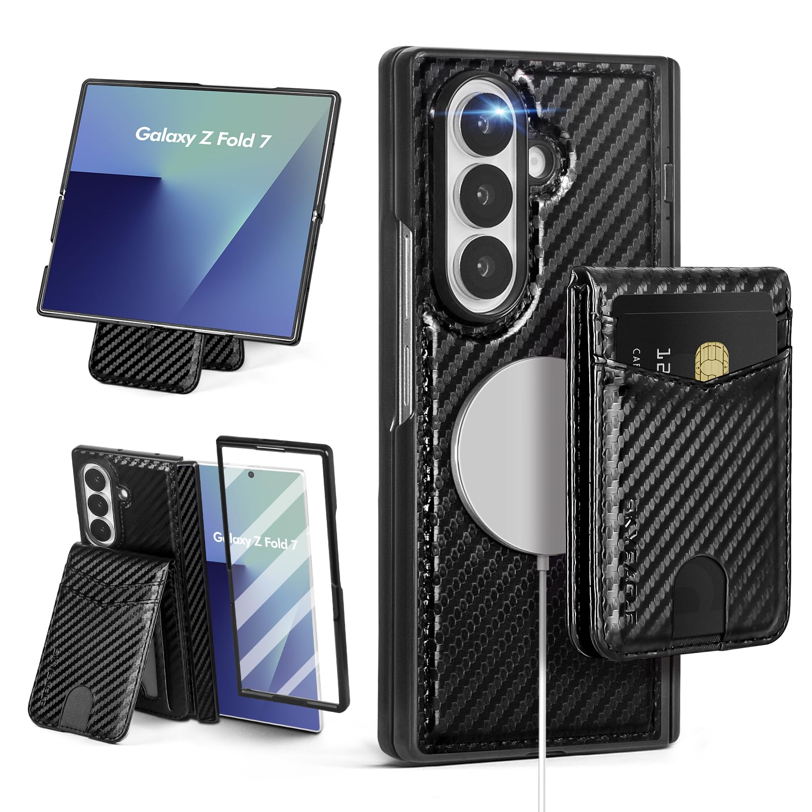 SkyEagle Compatible with Magsafe Detachable Magnetic Samsung Galaxy Z Fold 7 Phone Wallet Case with Card Holder | Built-in Screen Protector | Kickstand | RFID Blocking | PU Leather Cover |Carbon Black