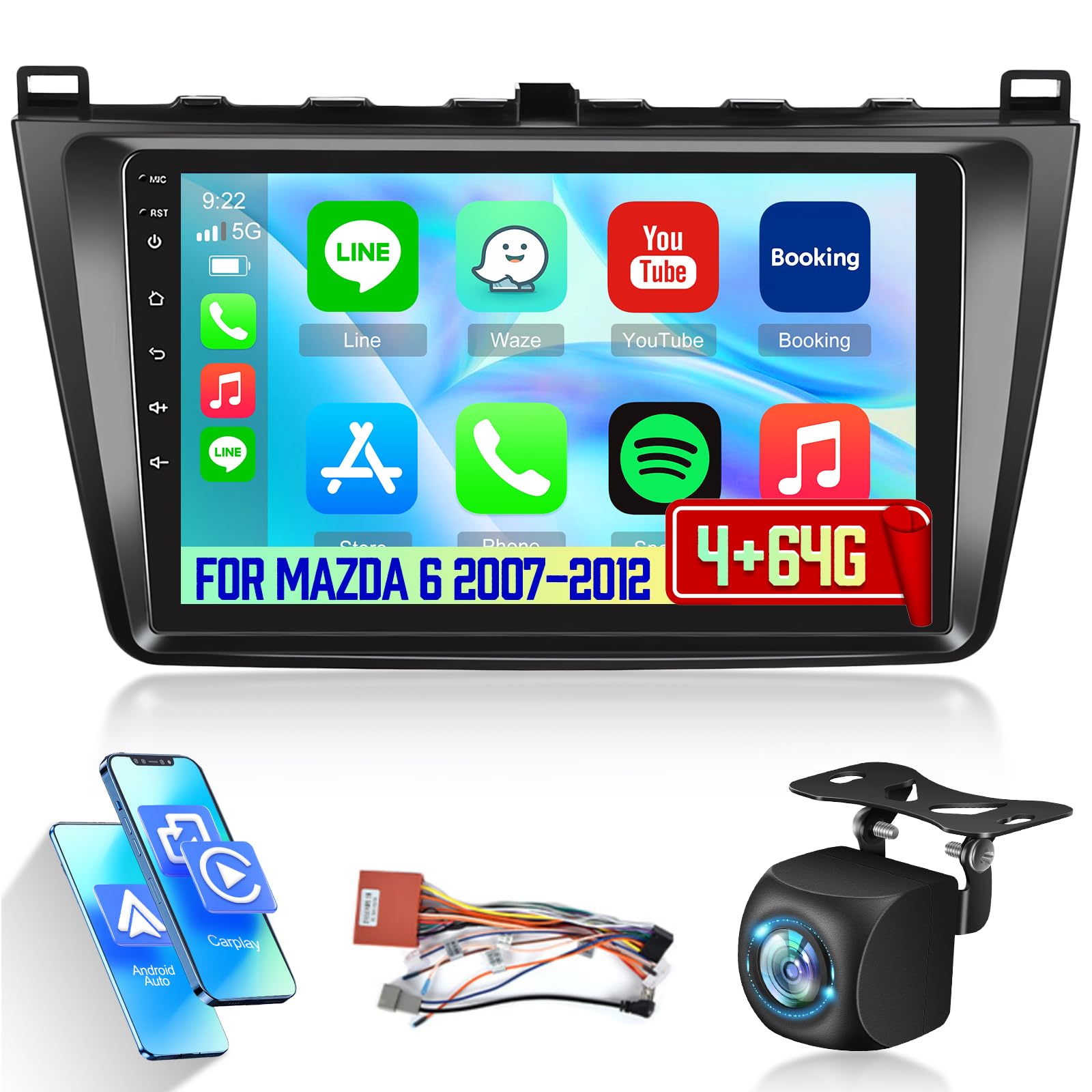 Photo 1 of [Qualcomm 8 Core 4+64G] Car Radio for Mazda 6 2007-2012 with Wireless Carplay and Android Auto - 9 Inch 1280 * 720 IPS Touchscreen Android Car Stereo - DSP/GPS/SWC/Bluetooth + AHD Backup Camera