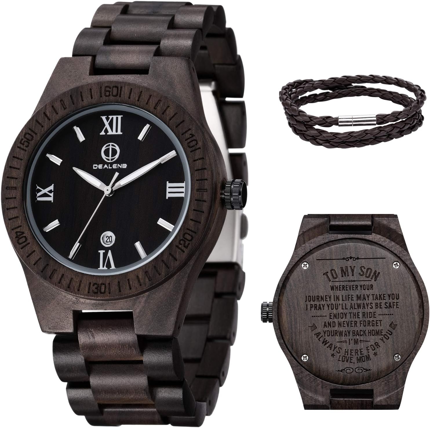 Engraved Watches for Men,Handmade Personalized Engraved Wooden Watch Lightweight Quartz Wood Watch with Date Display Customized Mens Wooden Watches for Dad/Son