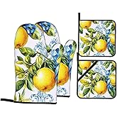 4 Pcs Oven Mitts and Pot Holders Sets, Retro Lemon Fruit (4) Kitchen Heat Resistant Oven Gloves and Potholders for Cooking Baking Grilling BBQ