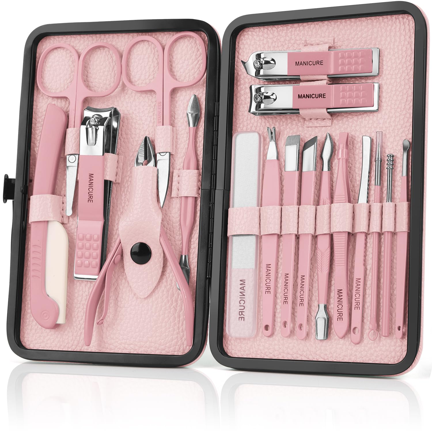 OWill Manicure Set, 18pcs Nail Clippers Pedicure Kit with PU Leather Case Nail Care Kit Professional Tools Gift for Women Wife Girlfriend Parents (Pink)