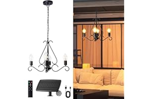 TWINKVILLA Solar Chandelier Outdoor, 4-Lights 23" Rustic Farmhouse Industrial Iron Chandeliers Waterproof Dimmable Hanging Pendant Lights for Gazebo, Pergola, Canopy, Tent Decor