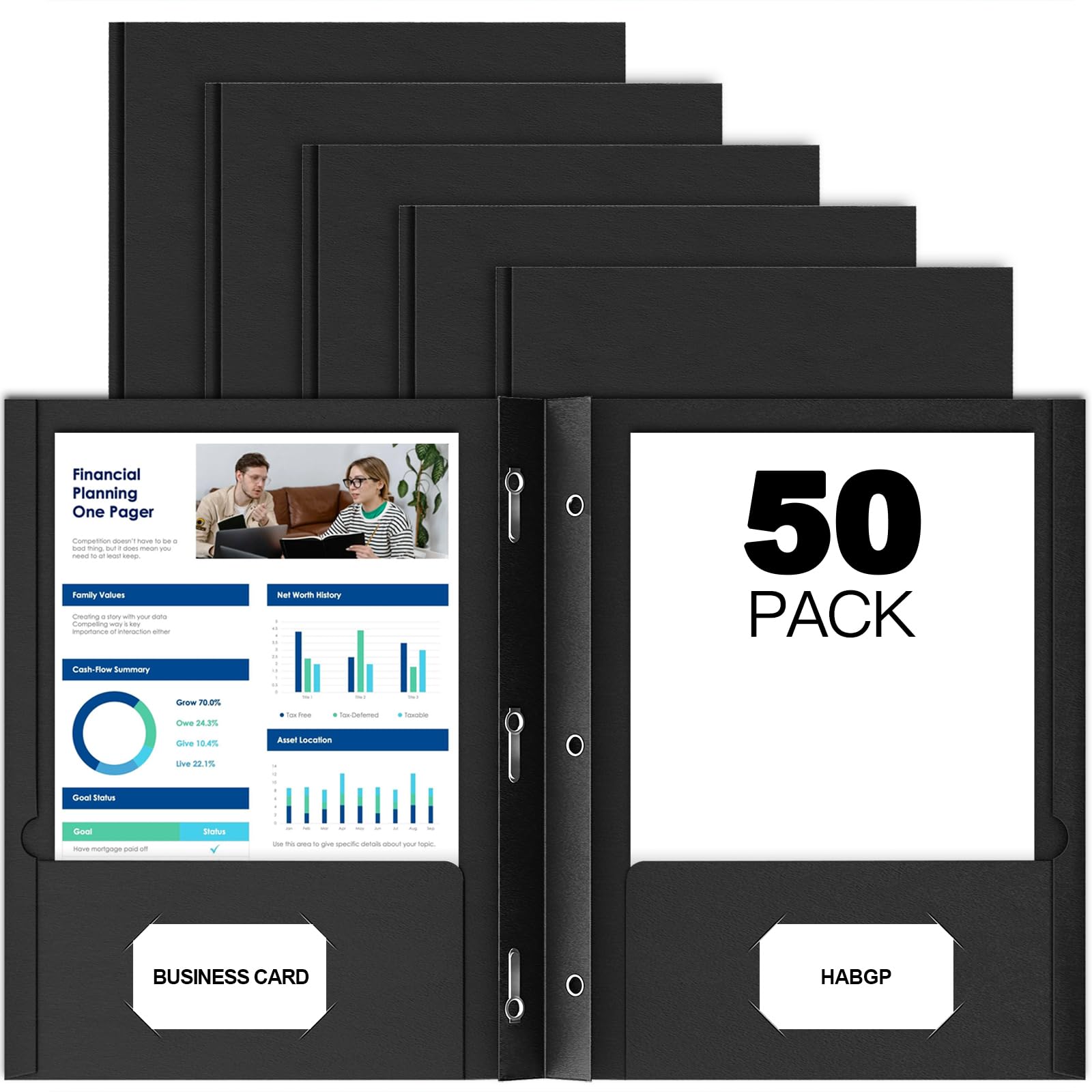 Photo 1 of HABGP 50 Pack Black Two Pocket Folder with Prongs, Paper Folders with Pockets and Business Card Holder, Folders with Pocket Fit Letter Size, Organizing Papers in School, Office & Business Black