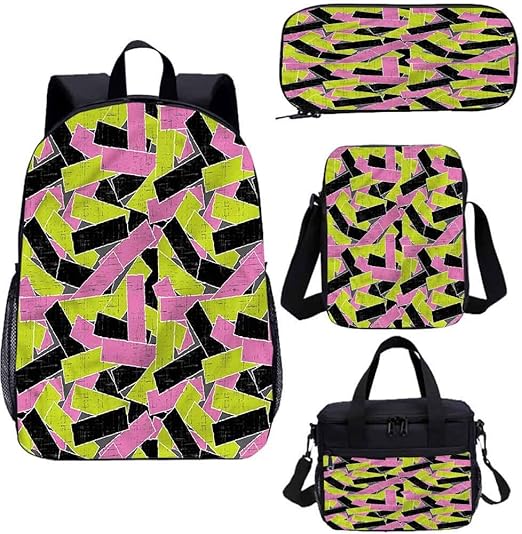 Grunge 15" School Book Bag Lunch Bags Set, Torn Paper Style Stripes 4 in 1 Backpack