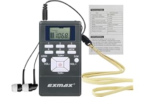 EXMAX E108 Wireless Stereo FM Radio Receiver - Portable Pocket Mini With Earbuds, LCD Clock for Translator Tour Guide System, Jogging, Running, Walking, Yardwork - Gray