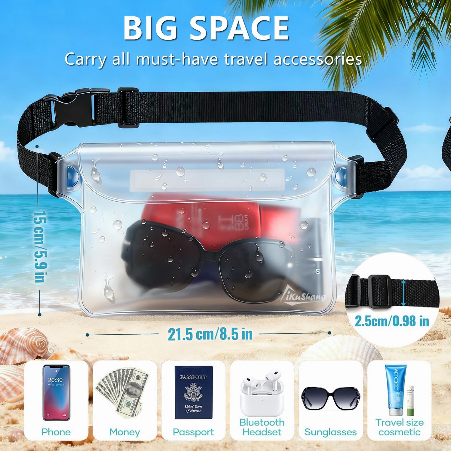 iKuShang Waterproof Fanny Pack with Triple Zip Lock, Submersible Up to 32FT Dry Bag Pouch, Touchscreen Phone Case for Beach, Cruise, Swimming & Kayaking Essentials