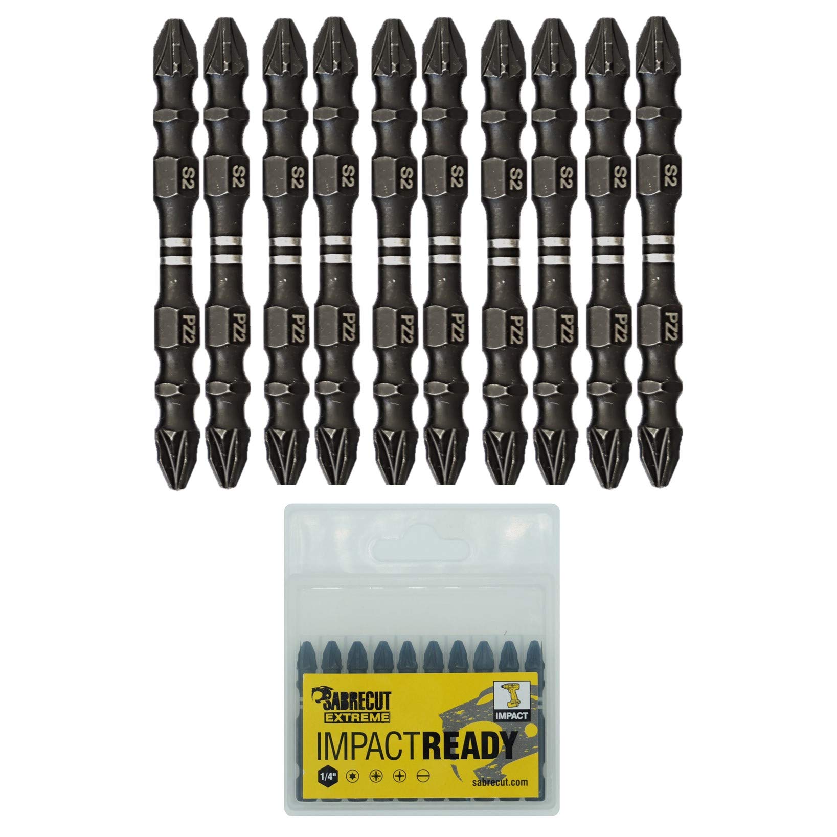 10 x SabreCut SCPZ265_10 65mm PZ2 Impact Screwdriver Driver Bit Set Double Ended Pozidriv POZI No.2 Heavy Duty Including Storage Box