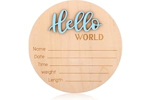 NQEUEPN Newborn Announcement Sign, 15cm/5.9in Wooden Hello World Newborn Sign Birth Baby Name Plaques for Boys and Girls Baby Shower Photo Props or Hospital Nursery Decor (Blue)