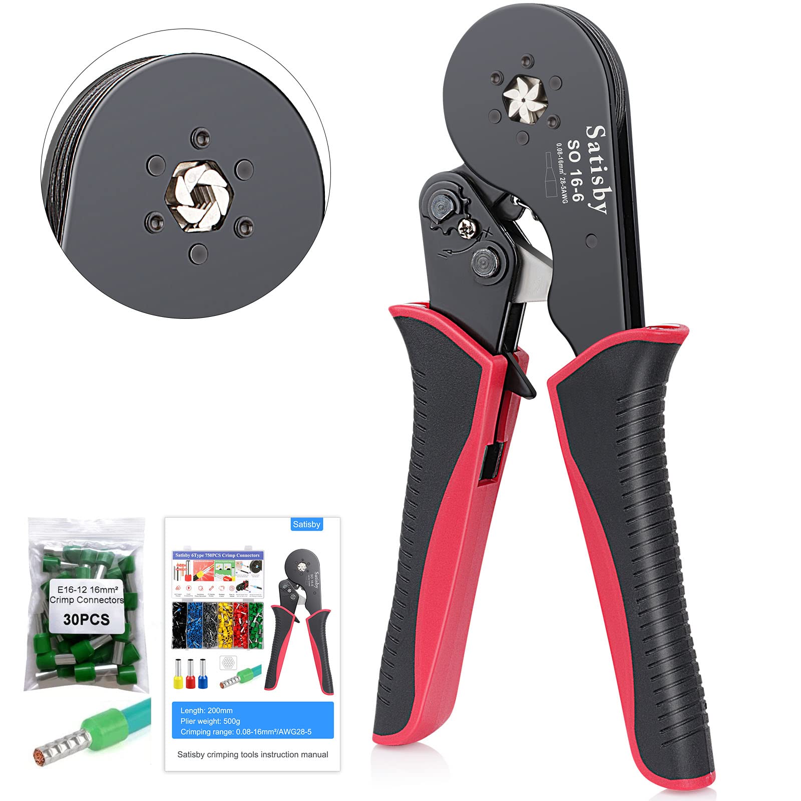 Satisby Hexagonal Ferrule Crimper,16mm² Ferrule Crimp 0.08-16mm²/AWG28-5,Ratchet Structure Anti Slip Handle with 30PCS 16mm Crimp Connectors