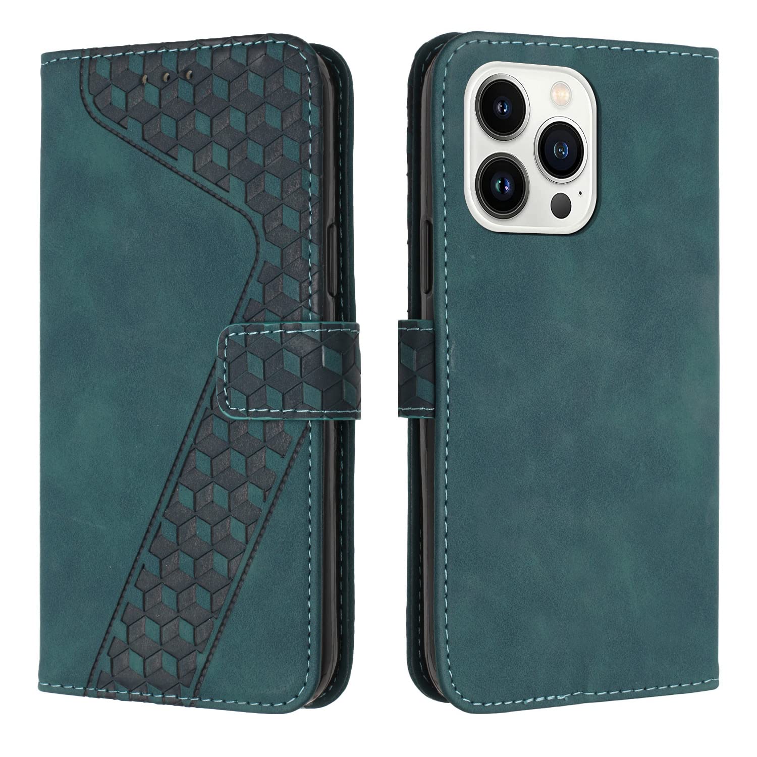 TOHULLE for iPhone 14 Pro Max Case, Premium Leather Wallet Case Card Holder Kickstand Magnetic Closure Plaid Pattern Embossed Design Flip Folio Wallet Cover for iPhone 14 Pro Max - Green