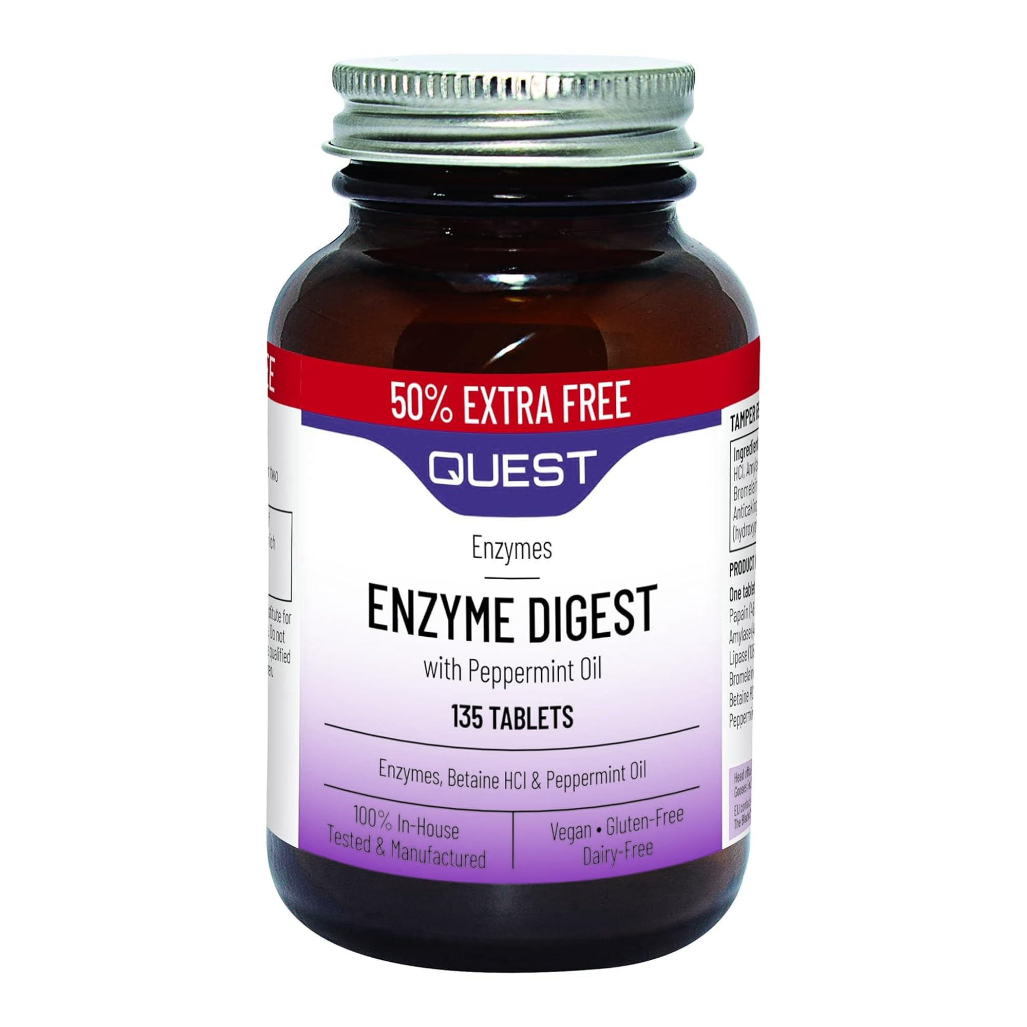 Quest Enzyme Digest With Peppermint Oil & Betaine. 90+45 Vegan Tablets For Bloated Stomach And Indigestion. Dairy & Gluten Free Enzymes Digestion Supplement For Bloating And Heartburn Relief (1 Pack)