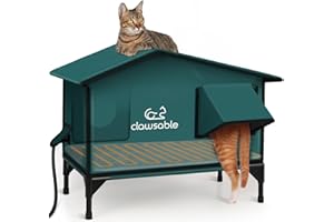 LAMLINGO Heated Cat House for Outside,Extremely Weatherproof&Insulated in Winter,Elevated Outdoor Cat Shelter with Waterproof Eaves&Escape Door for Feral Stray Barn Cat(Dark Green,M:24.8" Lx21.4 Wx13.4 Th)