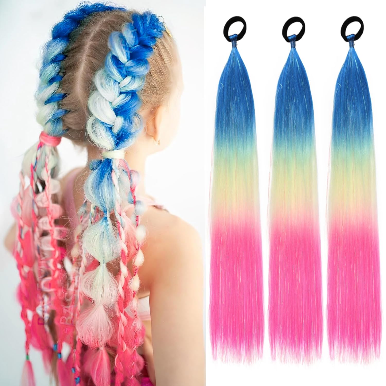 PORSMEER 3 Packs Ponytail Extension 24 inch Blue/Yellow/Pink Colored Hair Extensions Glitter Tinsel Mixed for Braiding Ombre Pony Tail for Braids with Hair Tie Glitter Hair for Festival/Party — image 1