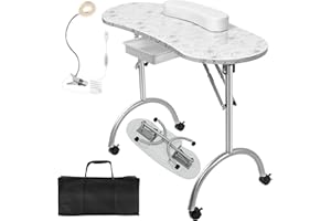 Alohappy Portable & Foldable Manicure Table Nail Desk on Wheels with Drawer, Updated USB-Plug LED Table Lamp, Client Wrist Pad, Carry Bag for Home Spa Beauty Salon Workstation(White 30" H)