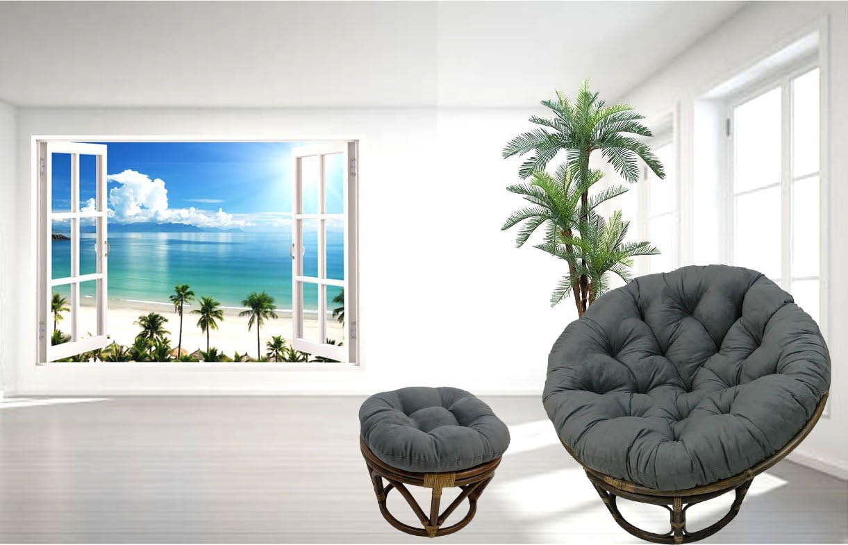 American Rattan 2 Piece Papasan Chair and Ottoman Footstool Set with Grey Microsuede Cushions