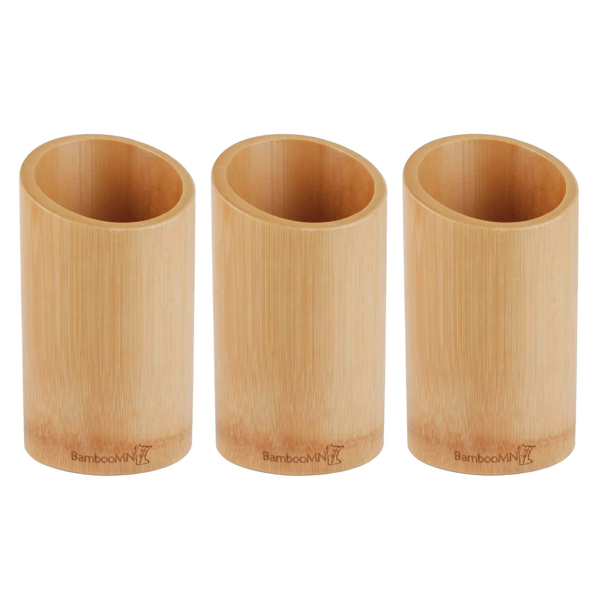BambooMN Bamboo Kitchen Utensil Holder for Countertop, Utensil Crock for Cooking Utensils - 7" x 4" - Carbonized Brown - 3 Pieces