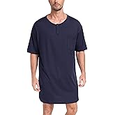 MoFiz Men's Nightshirt Soft Pajamas V Neck Short Sleeve Nightgown Loose Sleepwear Nightwear Comfy Sleep Shirt S-3XL