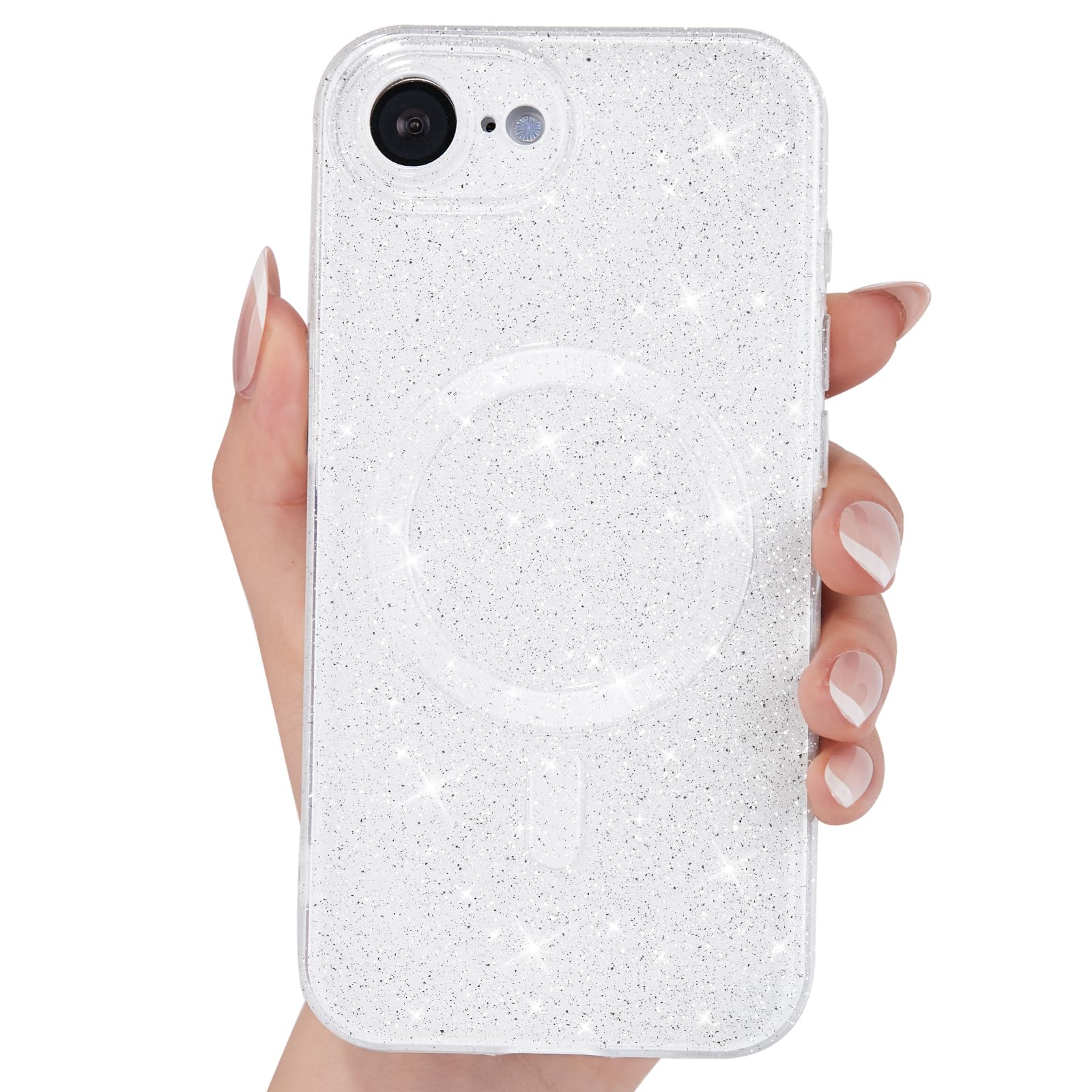 Photo 1 of Svanove Glitter Case for iPhone 16e Phone Case Magnetic Compatible with Magsafe, Sparkly Bling Shiny Sparkle Girly Cute Cases for Women Girls, Bright Silicone Rubber Gel Hard Mag Safe Cover, White