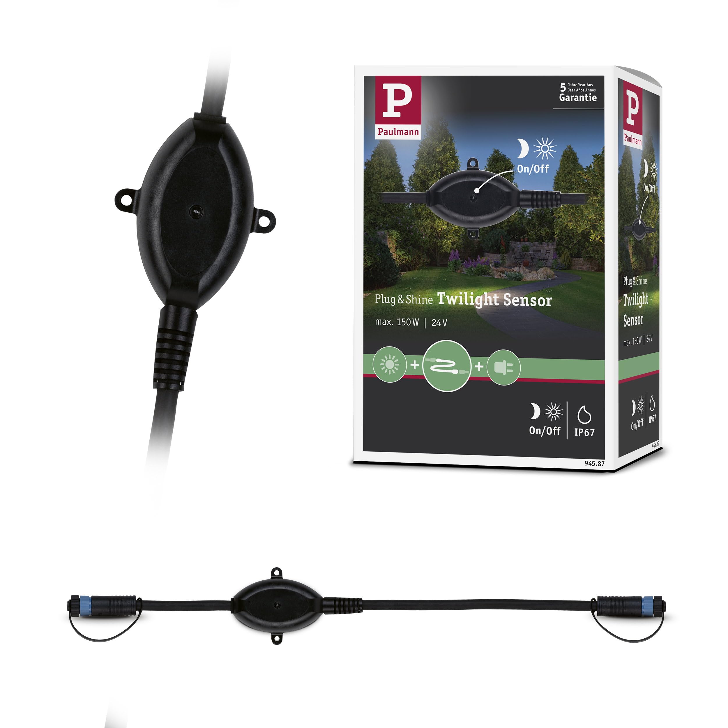 Paulmann 94587 Plug & Shine Outdoor Light Sensor Wireless Twilight Twilight Sensor IP67 24V Max. 150W Black Square Max. 150 Watt Black Garden Lighting System Plastic