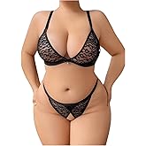 SOLY HUX Women's Plus Size Lingerie Set Lace Sheer Deep V Neck Bra and Panty Sexy Underwear