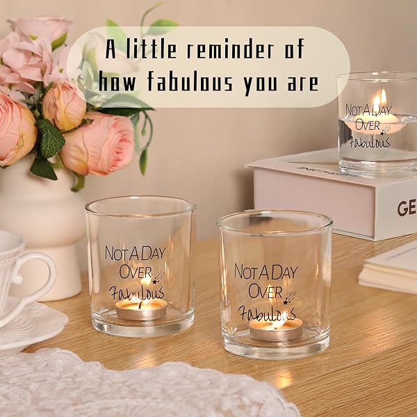 HAVITI 12PCS VOTIVE CANDLE HOLDERS BIRTHDAY GIFTS FOR WOMEN, NOT A DAY OVER FABULOUS GLASS TEA LIGHT HOLDER, CLEAR FLOATING TEALIGHT CANDLE HOLDER FUNNY FOR MOM SISTER FRIENDS