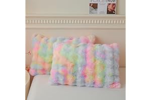 LIFEREVO 2 Pieces Fluffy Faux Rabbit Fur Pillow Cases, Luxury Soft Plush Shaggy Bubble Pillowcases Standard Size with Zipper, Furry Fuzzy Long Pillow Shams for Adult Girls Kids Teens 20x26, Rainbow
