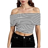SHENHE Women's Off Shoulder Striped Crop Tops Sleeve Slim Fit Knit Going Out Tees
