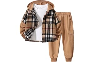 Fdqin 2Pcs Kids Boys Flannel Plaid Shirt Tops Pants Set Hoodie Sweatsuit for Fall Winter Spring Outfits 4-12 Years
