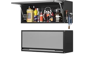 Coolsun Metal Wall Cabinet, Garage Wall Cabinet with Up-Flip Door, 31.5" W Wall Mounted Metal Storage Cabinet for Kitchen,Garage,Basement,Ware House Assembly Required (Black Gray)