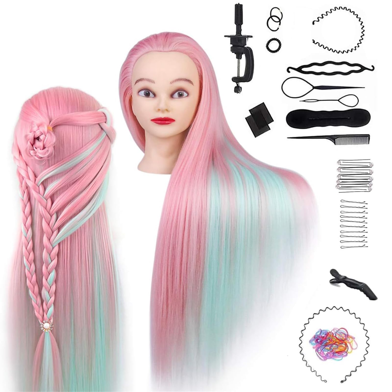 TwoWin Hairdressing Training Head, 28" Synthetic Fiber Hair Mannequin Head, Wig Styling Head with Clamp and DIY Braiding Set (Soft Pink+Green)