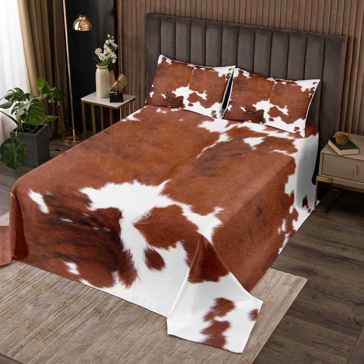 Homemissing Cow Print Bedspread Kids Shaggy Fluffy Cowhide Print Comforter Cover Super Soft Faux Fur Coverlet Set Breathable Quilted Farmhouse Animal Skin Print Room Decor Coverlet Set Double
