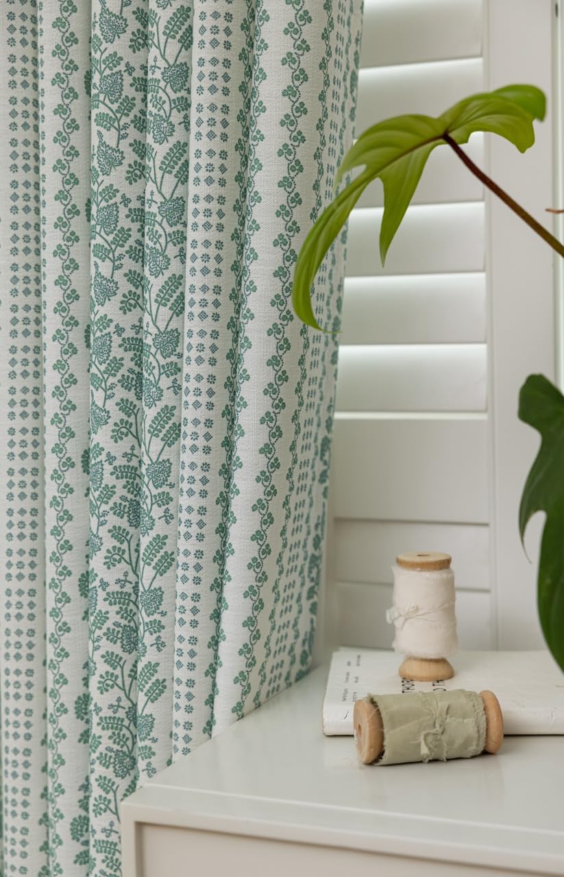 DrapePalette - Linen Blend Pinch Pleated Curtains for Living Room, Bedroom, Dining Room - Light Filtering Curtains 2 Panels Set - Luxury and Modern Floral Printed Design - Summer Green, 30" W x 96" L