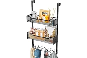 SWTYMIKI Over The Door Hooks Organizer - Multi-Functional Over Door Hanger with 16 Hooks & 2 Mesh Baskets, Long Over Door Coa