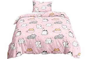 Single Duvet Cover Set, 53.15x78.74 inch Cute Cat Girls Single Duvet Cover Set, Soft Polyester Bed, Kawaii Cat Bedding for Gi