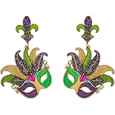 Madison Tyler Mardi Gras Dangle Earrings for Women | Fun Purple Green Gold Feather Mask Earrings | Carnival Parade Party Jewelry Gifts